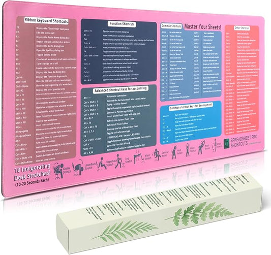 Excel Cheat Sheet Mouse Pad, XXL Non-Slip Desk Mat with Excel Shortcuts, Office Desk Pad for Spreadsheet Users, Accountants, Students & Home Office, Candy Pink