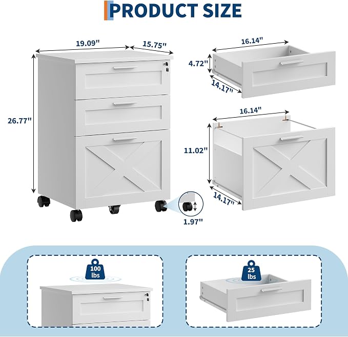 3-Drawer Rolling File Cabinet with Lock - Wooden Mobile Filing Cabinet for Home Office, Under Desk Storage Organizer fits Letter/A4/Legal Size, Sturdy Printer Stand with Locking Casters, White
