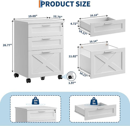 3-Drawer Rolling File Cabinet with Lock - Wooden Mobile Filing Cabinet for Home Office, Under Desk Storage Organizer fits Letter/A4/Legal Size, Sturdy Printer Stand with Locking Casters, White