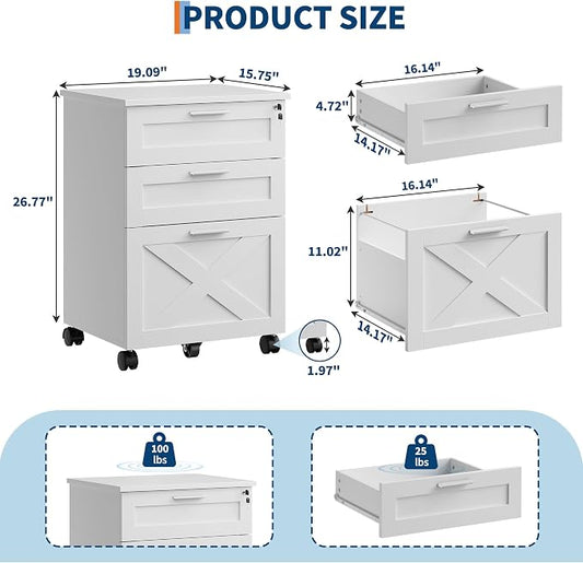 3-Drawer Rolling File Cabinet with Lock - Wooden Mobile Filing Cabinet for Home Office, Under Desk Storage Organizer fits Letter/A4/Legal Size, Sturdy Printer Stand with Locking Casters, White