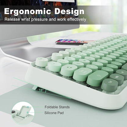 Sage Green Wireless Keyboard and Mouse Combo, Creamy Bubble Keyboard with Round Keys, 2.4GHz Cute Typewriter Style Full Size Mint Green Keyboard with Number Pad for PC Laptop Desktop