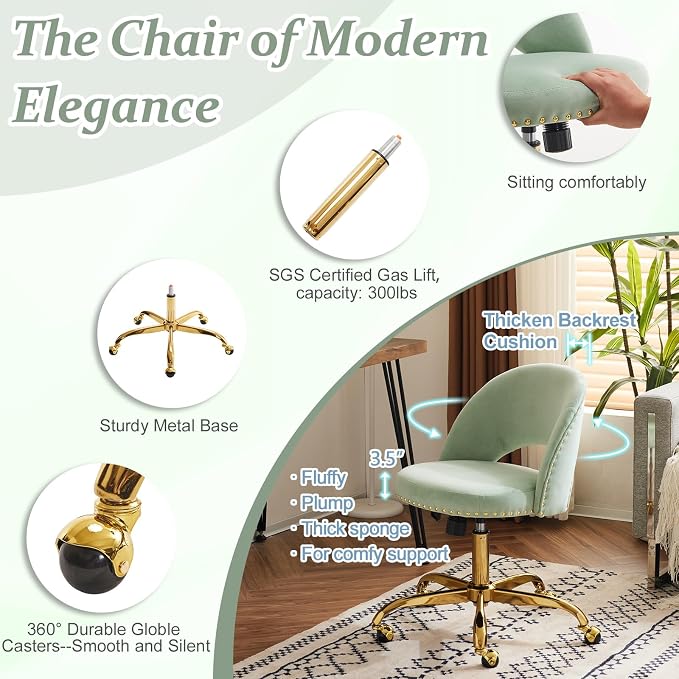 VINGLI Modern Velvet Small Office Chair,Cute Desk Chair with Wheels,Gold Base/Studs, Comfy Armless Swivel Vanity Task Chair for Women/Girl/Kids, Nail Tech Chair for Bedroom,Small Space,Mint Green