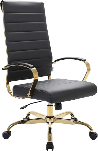LeisureMod Modern High-Back Leather Office Chair - Swivel & Adjustable Executive Desk Chair with Gold Frame, Ergonomic Design for Home & Office (Black, Set of 8)