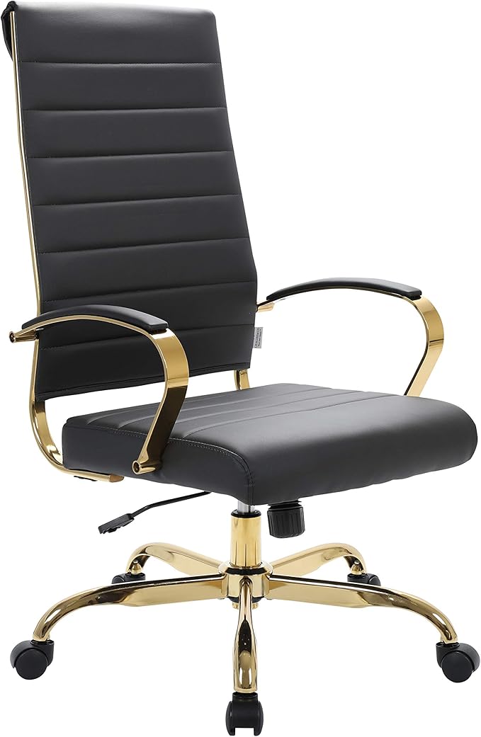 LeisureMod Modern High-Back Leather Office Chair - Swivel & Adjustable Executive Desk Chair with Gold Frame, Ergonomic Design for Home & Office (Black, Single)