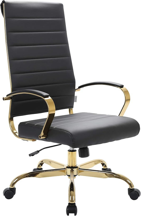 LeisureMod Modern High-Back Leather Office Chair - Swivel & Adjustable Executive Desk Chair with Gold Frame, Ergonomic Design for Home & Office (Black, Single)