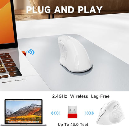 memzuoix Ergonomic Wireless Mouse, 2.4G Optical Cordless, 800/1200/1600 DPI, Vertical Computer Mouse for Laptop, Mac, PC, Desktop (Right Hand, Large) - White