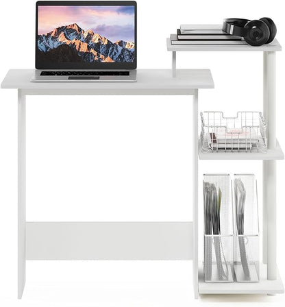 Furinno Efficient 29-Inch White Computer Desk with Side Shelves, Gaming Desk with 3 Open Shelves, Home Office Desk, for Home Office, Study Room, Dorm, Bedroom, Plain White
