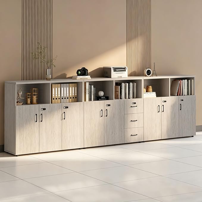 File Cabinet with Password Lock, Wood Lateral Filing Cabinet for Letter/A4 Files, 3 Drawer with Door, Printer Stand with Open Shelves for Home Office