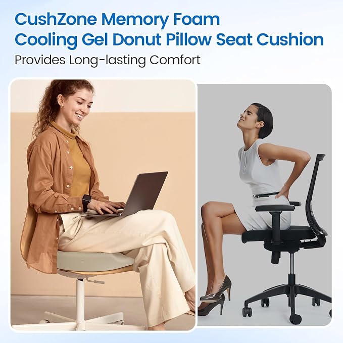 Donut Pillow Seat Cushion - Cooling Gel Donut Chair Cushions, Memory Foam Seat Cushion for Office & Home, Car Seat Cushion and Butt Pillow, Hemorrhoids Pillow and Tailbone Pain Relief, Khaki