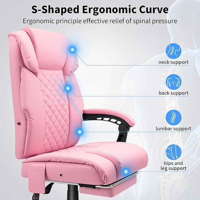 HOFFREE Massage Office Chair with Heat 7 Points Vibration Ergonomic Executive Office Chair with Footrest Reclining High Back Home Office Desk Chairs Light Pink