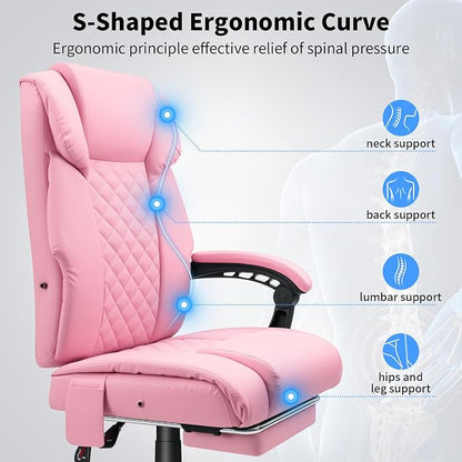 HOFFREE Massage Office Chair with Heat 7 Points Vibration Ergonomic Executive Office Chair with Footrest Reclining High Back Home Office Desk Chairs Light Pink