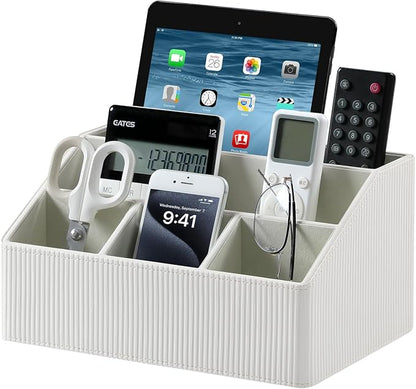 Desk Organizer Caddy with 5 Compartments for Office Art Supplies, PU Leather Nightstand Organizer Pencil Pen Desk Caddy for Home, Desktop TV Remote Control Holder Storage (Striped Ivory)
