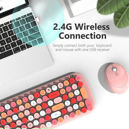MOFII Wireless Keyboard and Mouse Combo, Full-Size Retro Typewriter-Style Wireless Keyboard with Optical Mouse for Computer/Laptop/Windows/Mac (Pink Colorful)