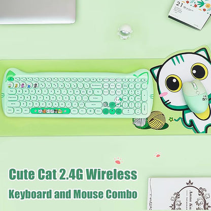 Cute Cat 2.4G USB Wireless Keyboard and Mouse Combo, Silent Keys, Candy Colors, Compatible with Notebook, PC (Green-110Keys)