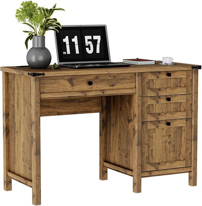 Small Farmhouse Executive Desk with Drawers, 45 Inch Vintage Computer Desk with Storage for Home Office, Bedroom & Study, Light Brown