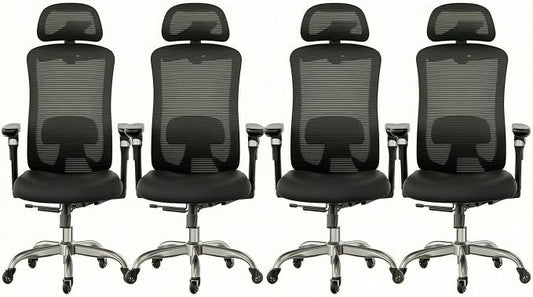 HUANUO Ergonomic Office Chair with 6D Armrest, Seat Depth Adjustment, Lumbar Support, Quiet Rubber Caster, High Back Mesh Gaming Chair with 3D Headrest, Big and Tall Chair for Home Office, Pack of 4