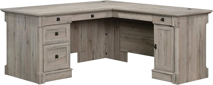 Sauder Palladia L Shaped Desk with Drawers, Office Desk with File Cabinet Storage, Cable Management, Keyboard Tray, in Split Oak finish