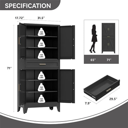 Metal Storage Cabinet with Drawer, 71" Tall Storage Cabinets with Adjustable Shelves,Black Farmhouse Freestanding Kitchen Pantry Cabinet for Dining Room, Living Room