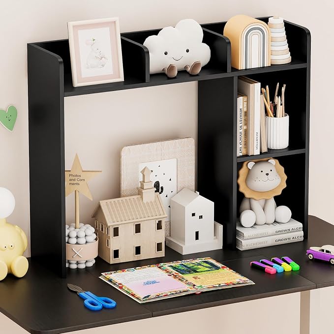 Tangkula Desktop Bookshelf, Countertop Storage Hutch with Shelves for Computer Desk, Desk 3-Tier Display Rack, Multipurpose Wood Desktop Hutch Storage Organizer for Dorm Office (Black,5 Shelves)