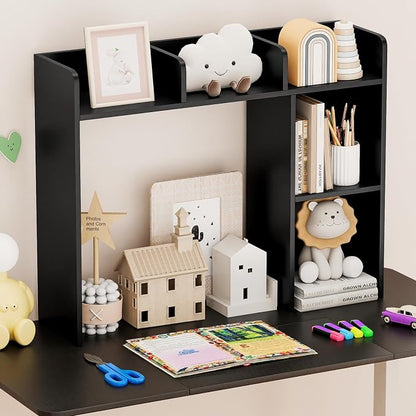 Tangkula Desktop Bookshelf, Countertop Storage Hutch with Shelves for Computer Desk, Desk 3-Tier Display Rack, Multipurpose Wood Desktop Hutch Storage Organizer for Dorm Office (Black,5 Shelves)