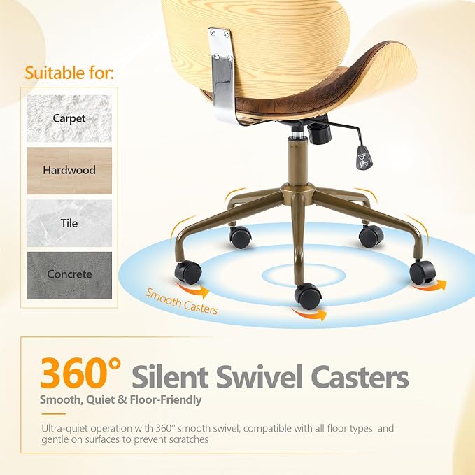 VINGLI Wide Comfotable Swivel Home Office Chair with Wood-Grain Curved Shell,Ergomomic Mid-Back Padded Armless Modern Desk Chair with Wheels,Height Adjustable for Computer,Task,Work,Microfiber,Rustic