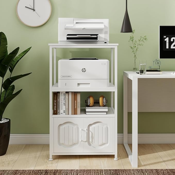 Natwind 4 Tier Printer Stand with File Cabinet, Vertical Filling Cabinet with Adjustable Open Shelves, Decorative Wood Printer Shelf with Storage for Home Office, White