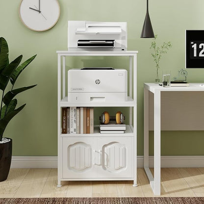 Natwind 4 Tier Printer Stand with File Cabinet, Vertical Filling Cabinet with Adjustable Open Shelves, Decorative Wood Printer Shelf with Storage for Home Office, White