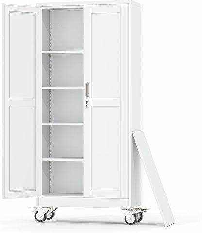 Metal Garage Storage Cabinets and storage system, 71”Tall Rolling utility cabinet with Wheels, Lock, 4 Adjustable Shelves, Heavy Duty Steel Tool Locker for Home Office, Utility Room, Gym,White