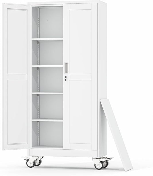 Metal Garage Storage Cabinets and storage system, 71”Tall Rolling utility cabinet with Wheels, Lock, 4 Adjustable Shelves, Heavy Duty Steel Tool Locker for Home Office, Utility Room, Gym,White