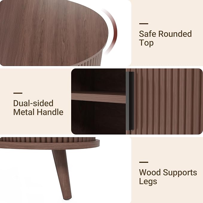 Seang Fluted Coffee Table with Storage,39" Oval Coffee Table with Dual Sliding Doors,Wooden Center Table for Living Room Home Office,Walnut