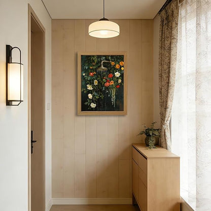 CXQILVER Vintage Framed Floral Bathroom Wall Art Canvas, Green Botanical Flowers Shower Wall Decor, Rustic Farmhouse Bathroom Decor Aesthetic Picture Artwork for Bedroom Living Room Guest Bath 12x16in