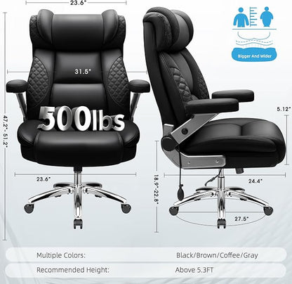 Big and Tall Office Chair, Desk Computer Chair for Heavy People, Oversized Executive Gaming Chair, Extra Wide 500LBS Ergonomic Comfy Office Chair with Adjustable Lumbar Support & 5D Flip Arms