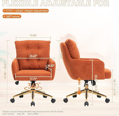 Flannel Office Chair, Comfy Home Office Desk Chairs with Lumbar Support, Modern Velvet Desk Chair Gold Legs Small Swivel Task Chair for Home Office, Bedroom, Study (Orange, L)