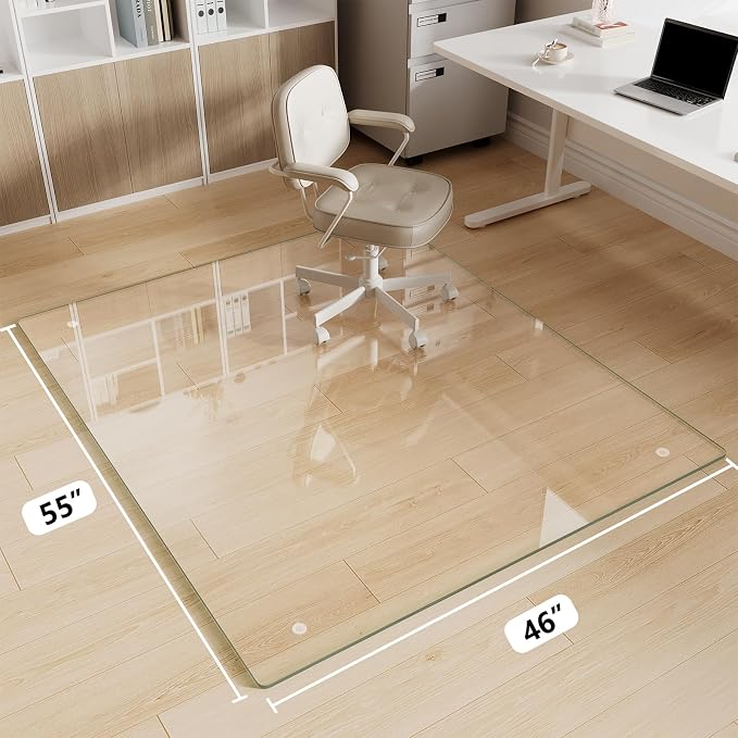 Glass Chair Mat 46" x 55" Heavy Duty Tempered Glass Office Chair Mat, Glass Floor Mat with Round Corner and Polished Edge for Smooth Glide, Office Chair Mat for Carpet, Hardwood Floor