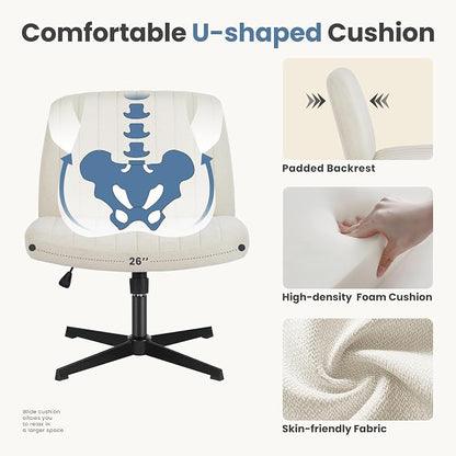 DUMOS Criss Cross Chair No Wheels Legged Office Wide Comfy Desk Vanity Chair, Armless Computer Task Seating, Swivel Home Height Adjustable for Bedroom, Study, Beige Fabric