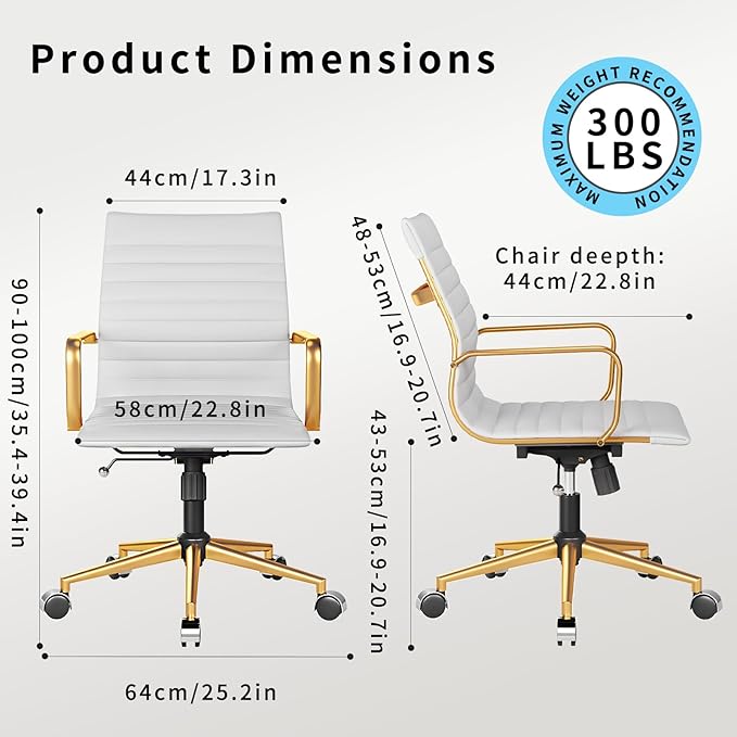 Ergonomic Office Chair White and Gold Leather Desk Chair for Home Office, Mid Century Comfy Executive Computer Chair Adjustable Swivel（1pcs）