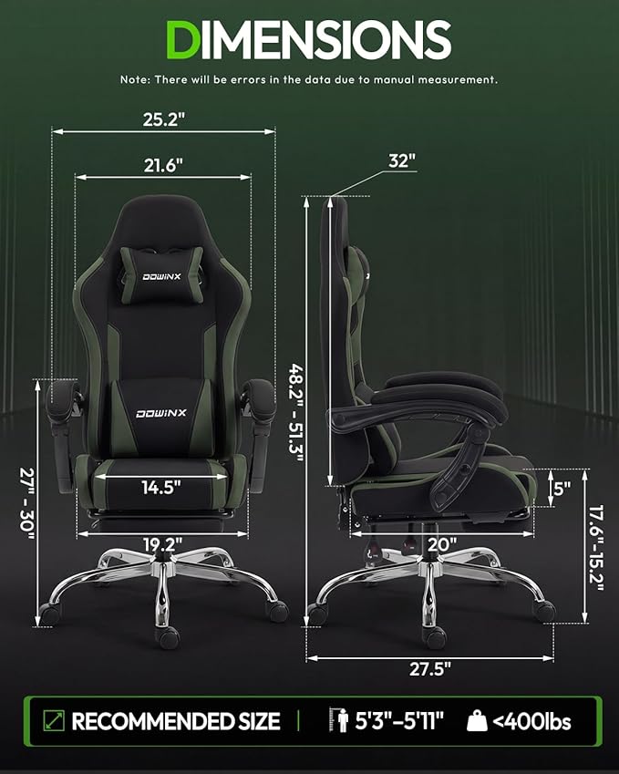Dowinx Ergonomic Gaming Chair with Footrest & Massage Lumbar, 2D-Linkage Armrests for Computer Chair 330lbs with Headrest Pillow for Office, Home, Streaming and Long Gaming Sessions, Fabric Dark Green