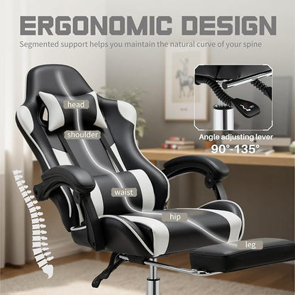 DUMOS Ergonomic Gaming Office Desk Chair with Footrest and Headrest, PU Leather Video Computer Chair with Linkage Armrests, Height Adjustable 360° Swivel Recling, Black White