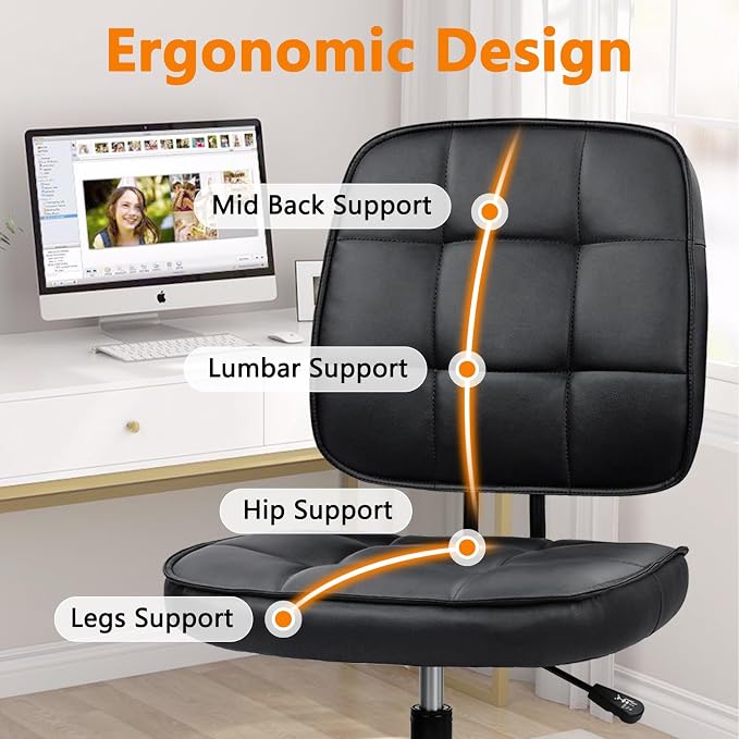 CLATINA Home Office Chair No Arms with Wheels, Armless Small Leather Ergonomic Low Back Desk Chairs Adjustable Height 360° Swivel Rolling Computer Task Chair for Work Conference Room, Black, 8 Pack