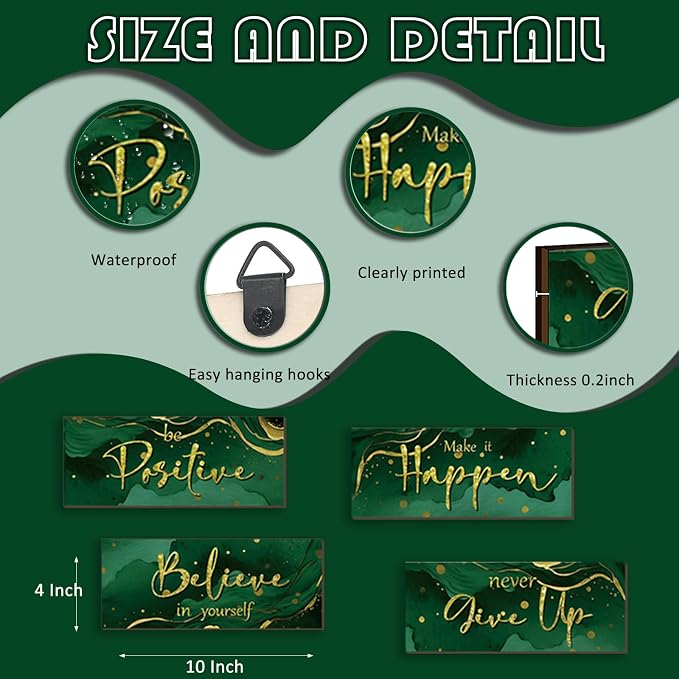 FENCORDAR 4 Piece Green and Gold Wall Decor Set Motivational Wall Decor Inspirational Wooden Signs for Bedroom Bathroom Women’s Office Abstract Elegant Art for Home or Office Decoration 10X4 Inches