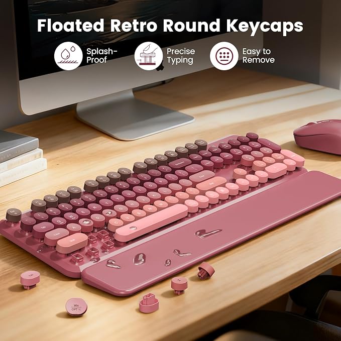 Wireless Keyboard and Mouse Combo, Cute Retro Typewriter Keyboard with Round Keycaps, Magnetic Wrist Rest, Full-Size Aesthetic Design, 2.4GHz Wireless for Mac, Windows PC, SABLUTE CK23, Pink Gradient