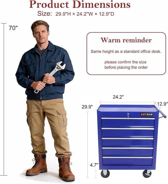 RYH 5 Drawers Rolling Tool Chest & Tool Box on Wheels | Heavy Duty Metal Cart with Ball Bearing Drawers | Fits US General Tool Box for Garage Storage (Blue, 5 Drawers（29.9" H × 24.2" W × 12.9" D)