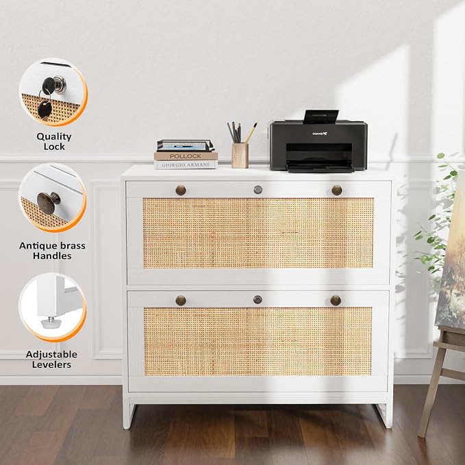 VINGLI White & Natural Rattan 2 Drawer Lateral File Cabinet with Lock, Wood Locking File Cabinets for Home Office, File Cabinet Printer Stand for Hanging Letter/Legal Size Folders, 30W x 16D x 28H