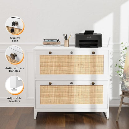 VINGLI White & Natural Rattan 2 Drawer Lateral File Cabinet with Lock, Wood Locking File Cabinets for Home Office, File Cabinet Printer Stand for Hanging Letter/Legal Size Folders, 30W x 16D x 28H