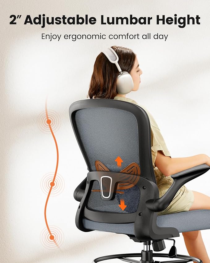 ErGear Drafting Chair,Tall Office Chair with Flip-Up Armrests, High Desk Chair Adjustable Height and Adjustable Footrest Ring, Ergonomic Standing Desk Chair with Lumbar Support, Blue,3 Pack