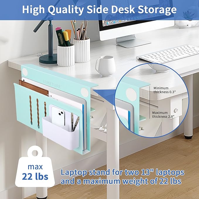 LUKETURE Desk Side Storage Laptop Holder No Drill Clamp On Organizer | Steel Side Desk Organizer, Clamp on Laptop Mount with Pen Holder, Hanging Storage for Home Office, Fits 0.3" to 2.8"
