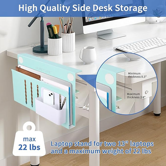 LUKETURE Desk Side Storage Laptop Holder No Drill Clamp On Organizer | Steel Side Desk Organizer, Clamp on Laptop Mount with Pen Holder, Hanging Storage for Home Office, Fits 0.3" to 2.8"