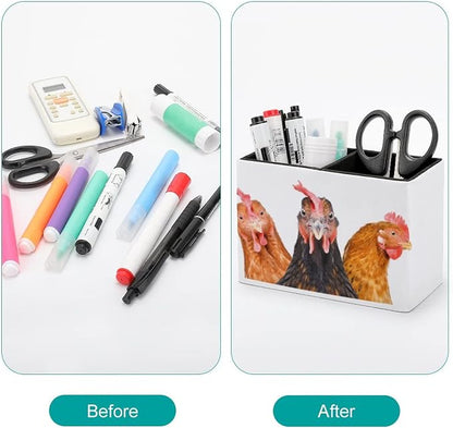 Niapessel Pencil Holder for Desk, Funny Three Chickens Pen Holder Storage Desktop Pen Organizer Desk Pencil Organizer Makeup Brush Holder for Office School College Leather