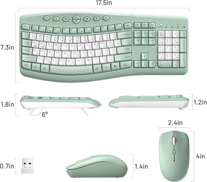 Wireless Keyboard and Mouse Combo,2.4G Full Size Ergonomic Curved Silent Keyboard with Fn Multimedia Keys for Office and Home, 3-DPI Quiet Mouse for Windows,Mac OS Desktop/Laptop/PC (Avocado Green-B)