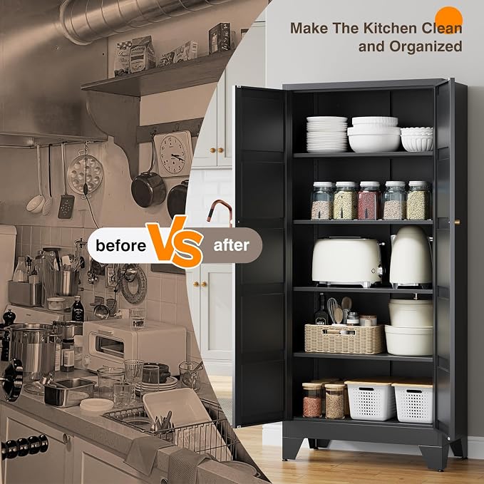 Yizosh Metal Pantry Cabinet,- 72" Black Kitchen Pantry Storage Cabinet with Doos and Adjustable Shelves for Kitchen, Living Room,Dining Room,Home